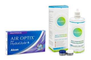 Air Optix Plus Hydraglyde Multifocal (3 lēcas) + Solunate Multi-Purpose 400 ml ar lēcu konteineru